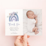 Dusty Blue and Purple | Rainbow Baby Shower Photo Thank You Card<br><div class="desc">These adorable baby shower thank you cards feature boho style and trendy handwritten script. A dusty blue and purple cute painted rainbow is decorated with matching watercolor flowers on a simple white background. Add your baby's photo to complete the design. This lovely thank you card will be the perfect way...</div>