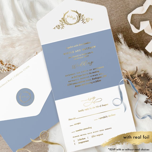 Dusty Blue and Real Gold Foil Monogram Wedding All In One Invitation (Creator Uploaded)