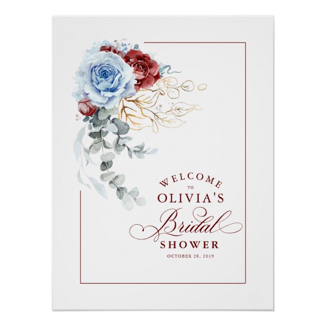 Dusty Blue and Red Bridal Shower Welcome Poster (Front)