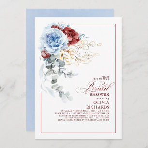 Dusty Blue and Red Floral Botanic Bridal Shower Invitation