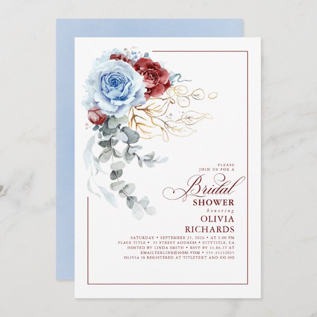 Dusty Blue and Red Floral Botanic Bridal Shower Invitation (Front/Back)
