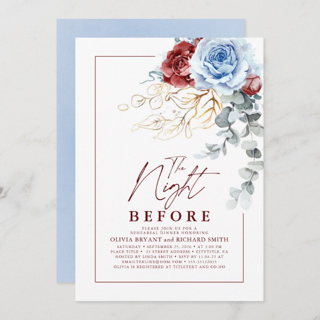 Dusty Blue and Red Floral Rehearsal Dinner Invitation (Front/Back)