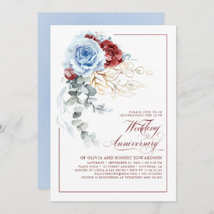 Dusty Blue and Red Floral Wedding Anniversary Invitation