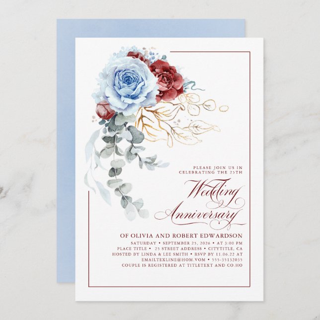 Dusty Blue and Red Floral Wedding Anniversary Invitation (Front/Back)