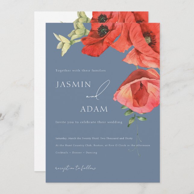 Dusty Blue and Red Poppies Wedding Invitation (Front/Back)