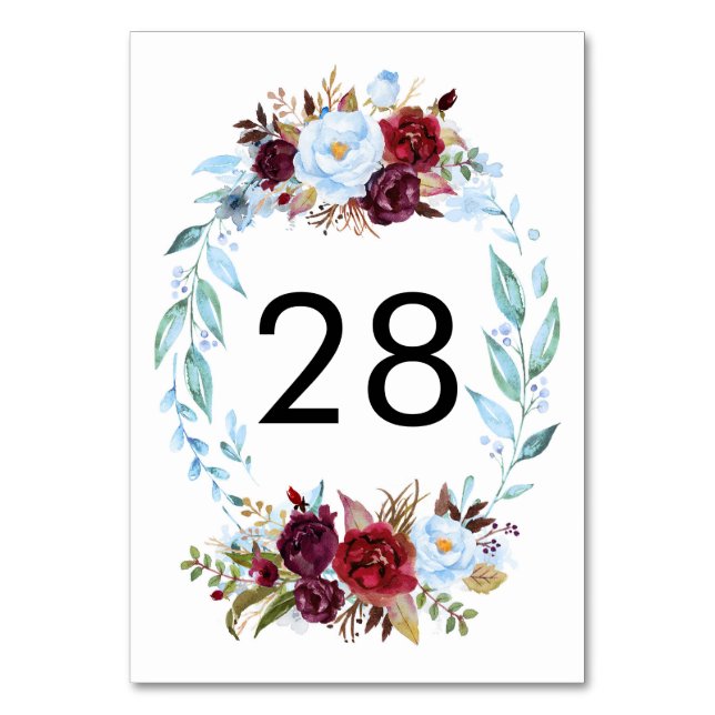 Dusty Blue and Red Wedding Table Number Cards (Front)