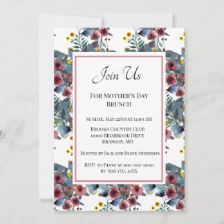 Dusty Blue and Rose Flowers Mother's Day Brunch  Invitation