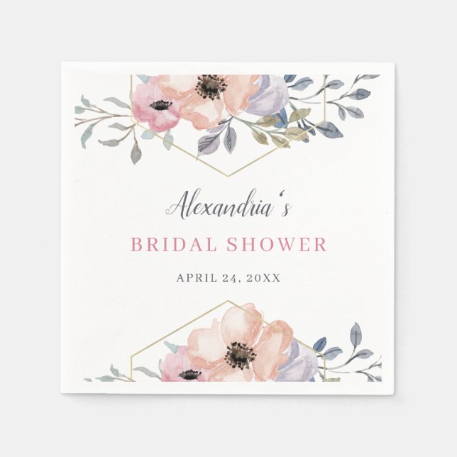 Dusty Blue and Rose Geometric Floral Bridal Shower Napkin (Front)