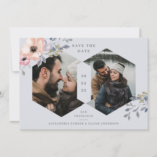 Dusty Blue and Rose Geometric Floral | Two Photo Save The Date (Front)