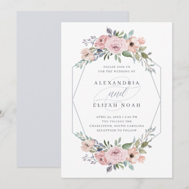 Dusty Blue and Rose Geometric Floral | Wedding Invitation (Front/Back)