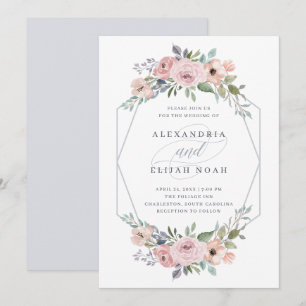 Dusty Blue and Rose Geometric Floral   Wedding Invitation