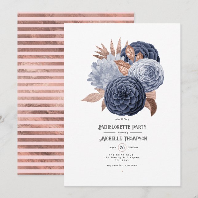 Dusty Blue and Rose Gold Floral Bachelorette Party Invitation (Front/Back)
