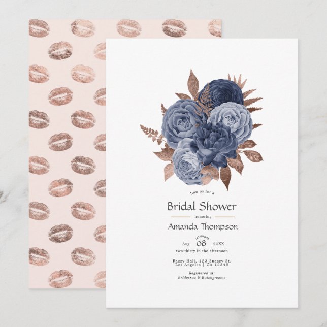Dusty Blue and Rose Gold Floral Couples Shower Invitation (Front/Back)