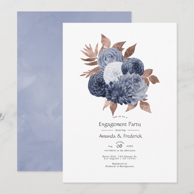 Dusty Blue and Rose Gold Floral Engagement Party Invitation (Front/Back)