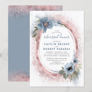 Dusty Blue and Rose Gold Floral Rehearsal Dinner Invitation