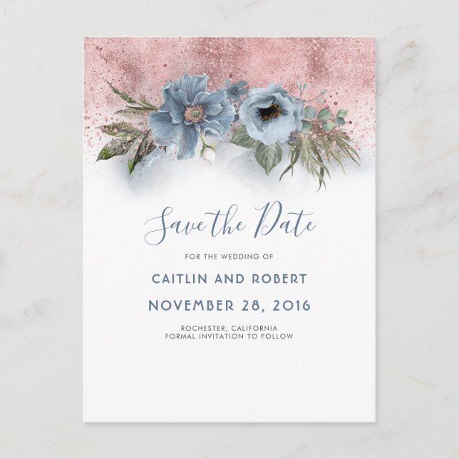 Dusty Blue and Rose Gold Floral Save the Date Announcement Postcard (Front)