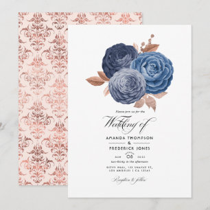 Dusty Blue and Rose Gold Floral Wedding Invitation