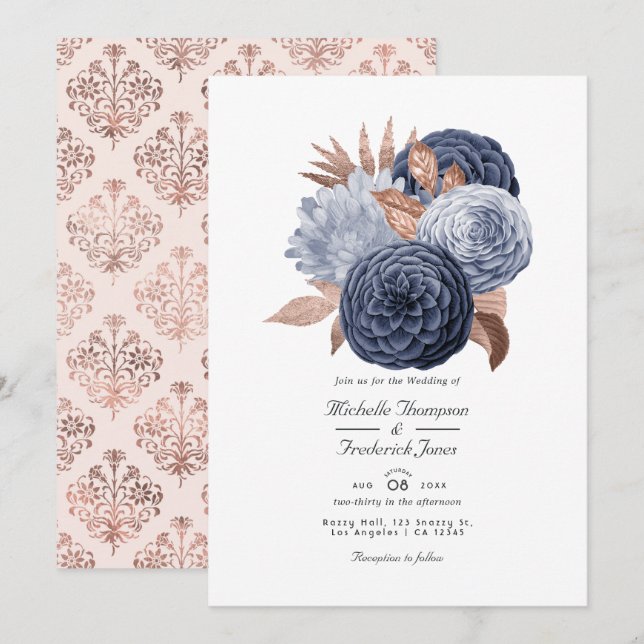 Dusty Blue and Rose Gold Floral Wedding Invitation (Front/Back)
