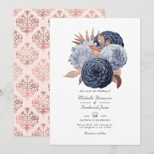 Dusty Blue and Rose Gold Floral Wedding Invitation