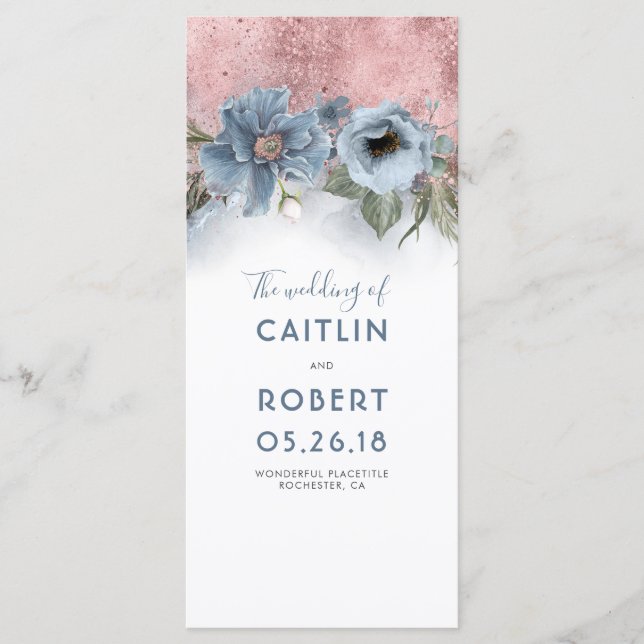 Dusty Blue and Rose Gold Floral Wedding Programs Programme (Front)