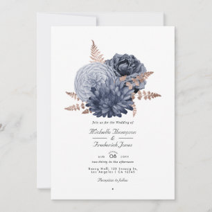 Dusty Blue and Rose Gold Floral Wedding QR Code In Invitation