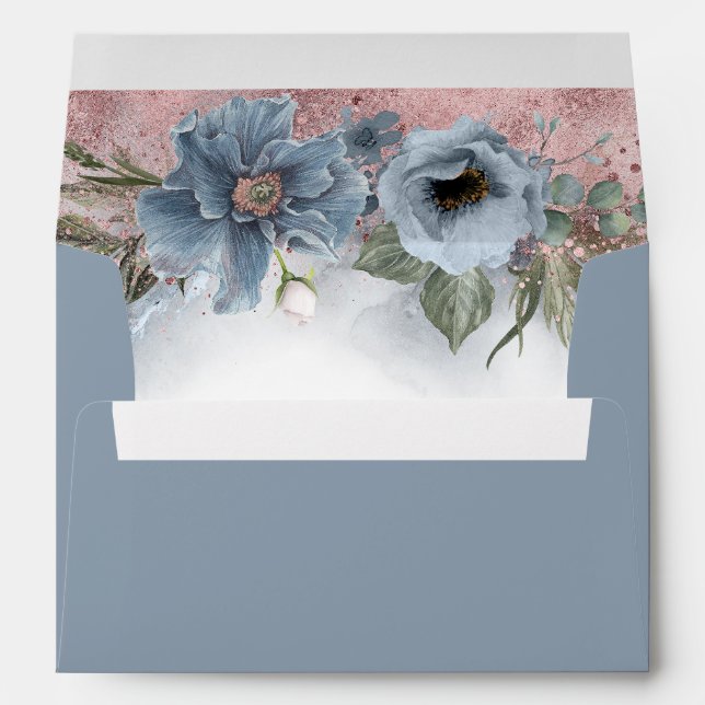Dusty Blue and Rose Gold Glitter Floral Modern Envelope (Back (Bottom))