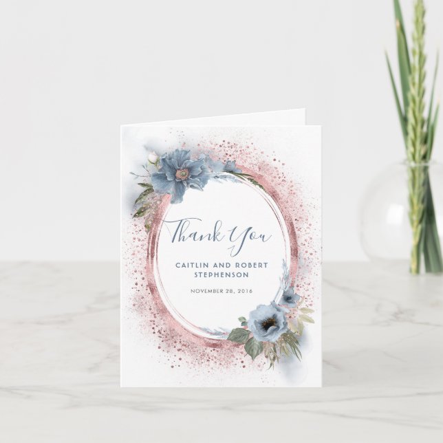 Dusty Blue and Rose Gold Glitter Floral Thank You Card (Front)