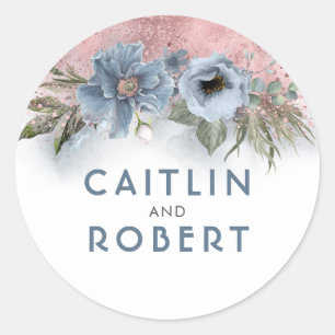 Dusty Blue and Rose Gold Glitter Floral Wedding Classic Round Sticker