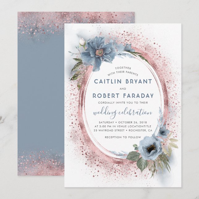 Dusty Blue and Rose Gold Glitter Floral Wedding Invitation (Front/Back)
