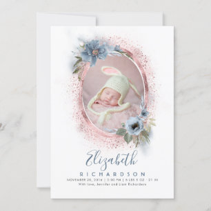 Dusty Blue and Rose Gold Photo Baby Birth Announcement