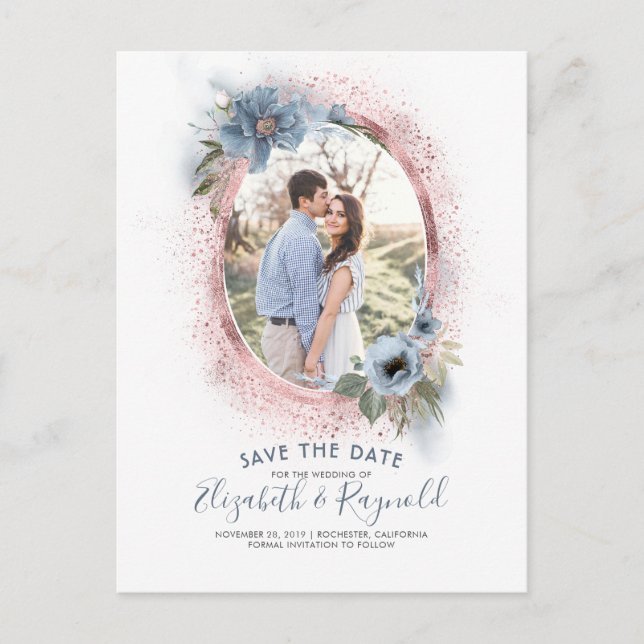 Dusty Blue and Rose Gold | Photo Save the Date Announcement Postcard (Front)