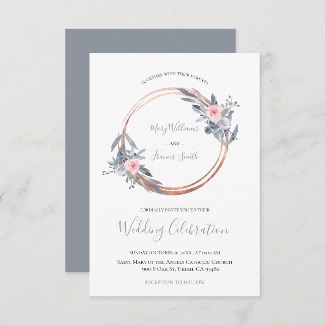 dusty blue and rose pink circle frame invitation (Front/Back)
