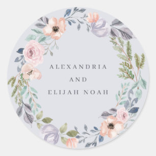 Dusty Blue and Roses Watercolor Floral   Wedding Classic Round Sticker