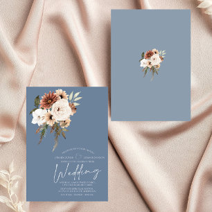 Dusty Blue and Rust Script Floral Wedding Invitation