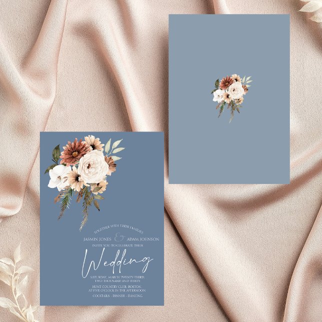 Dusty Blue and Rust Script Floral Wedding Invitation (Elegant Dusty Blue Peach Floral Wedding Invitation)