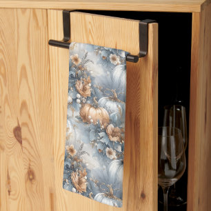 Dusty Blue and Rustic Orange Autumn Pumpkin Design Tea Towel