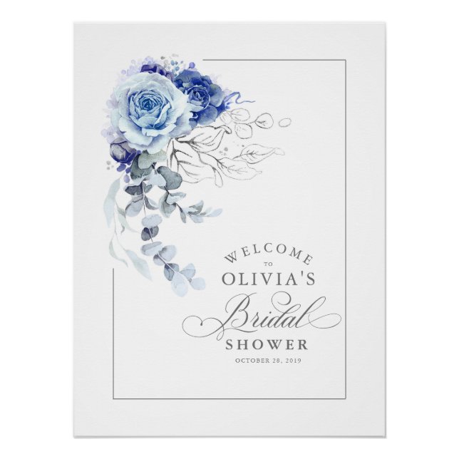 Dusty Blue and Silver Bridal Shower Welcome Poster (Front)
