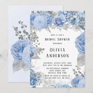 Dusty Blue and Silver Floral Bridal Shower Invitat Invitation