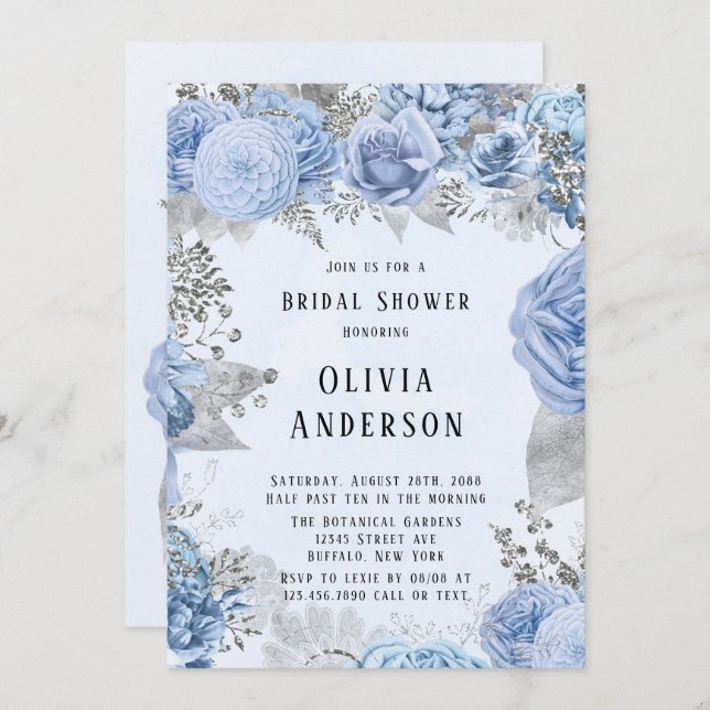 Dusty Blue and Silver Floral Bridal Shower Invitation (Front/Back)