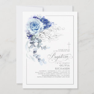 Dusty Blue and Silver Floral Elegant Baptism Invitation