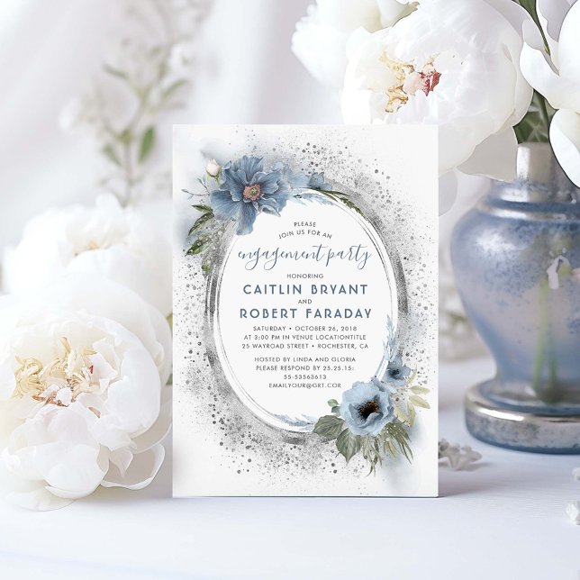 Dusty Blue and Silver Floral Engagement Party Invitation (Dusty Blue and Silver Engagement Party Invitations)