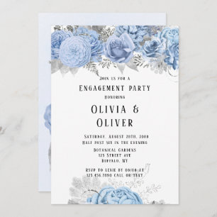 Dusty Blue and Silver Floral Engagement Party Invitation