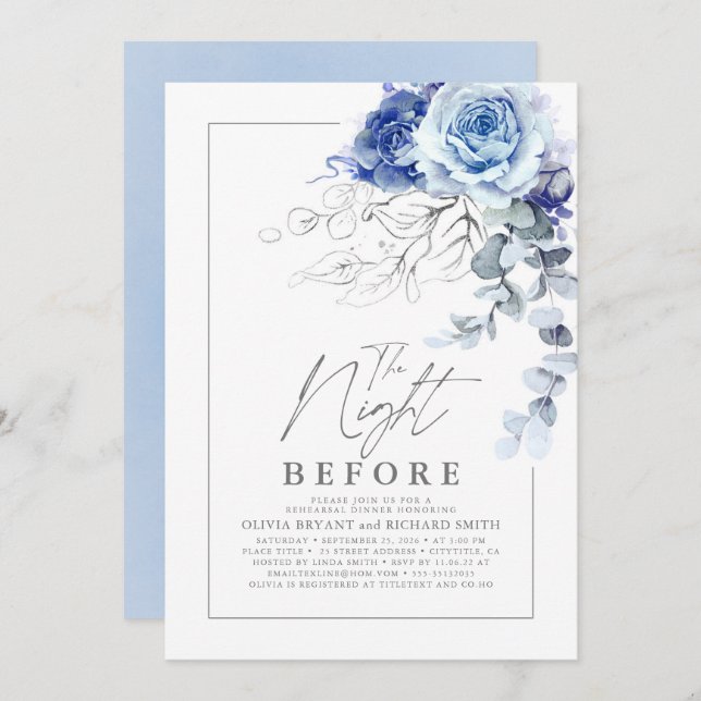 Dusty Blue and Silver Floral Rehearsal Dinner Invitation (Front/Back)