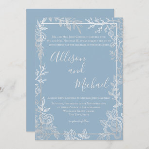 Dusty Blue and Silver Floral Sketch Frame Invitation