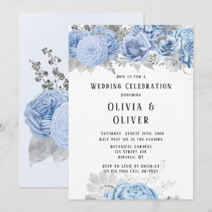 Dusty Blue and Silver Floral Wedding Invitation