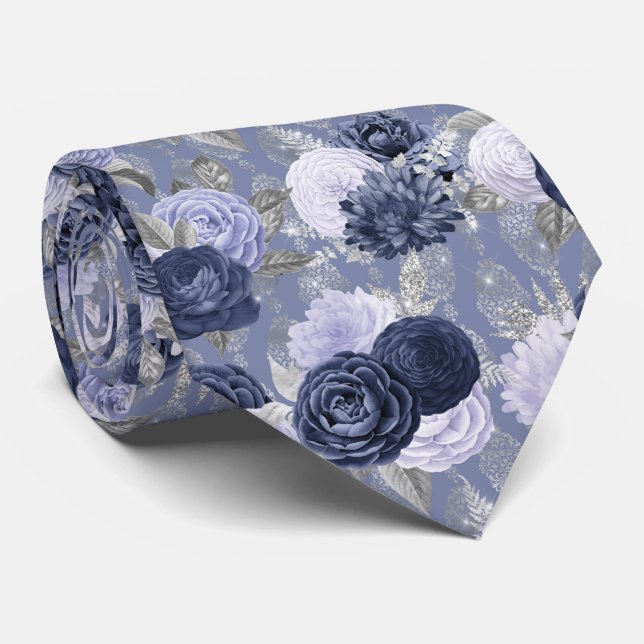  Dusty Blue and Silver Floral Wedding Neck Tie (Rolled)