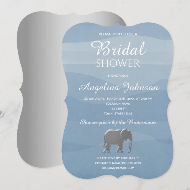 Dusty Blue and Silver Foil Elephant Bridal Shower Invitation (Front/Back)