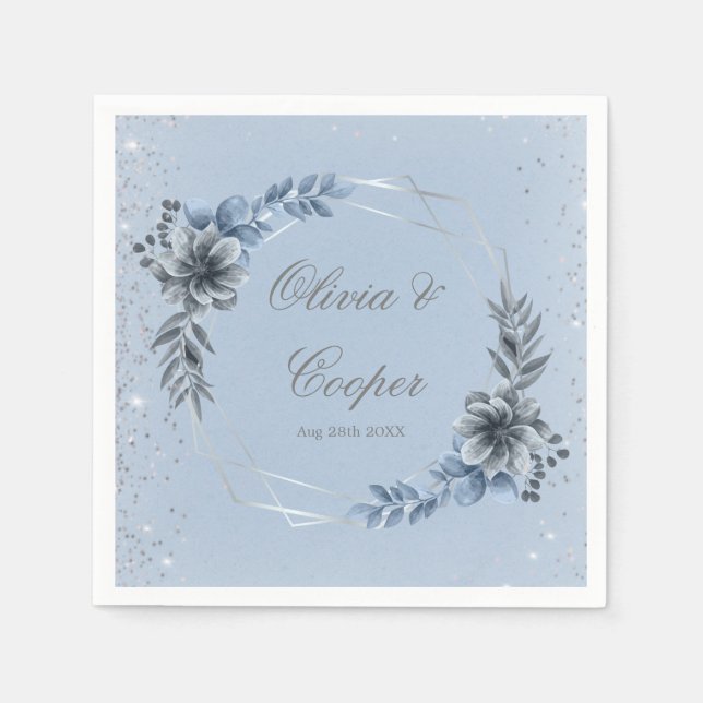 Dusty Blue and Silver Geometric Floral Wedding Napkin (Front)