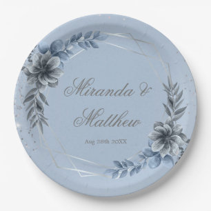 Dusty Blue And Silver Geometric Floral Wedding  Paper Plate