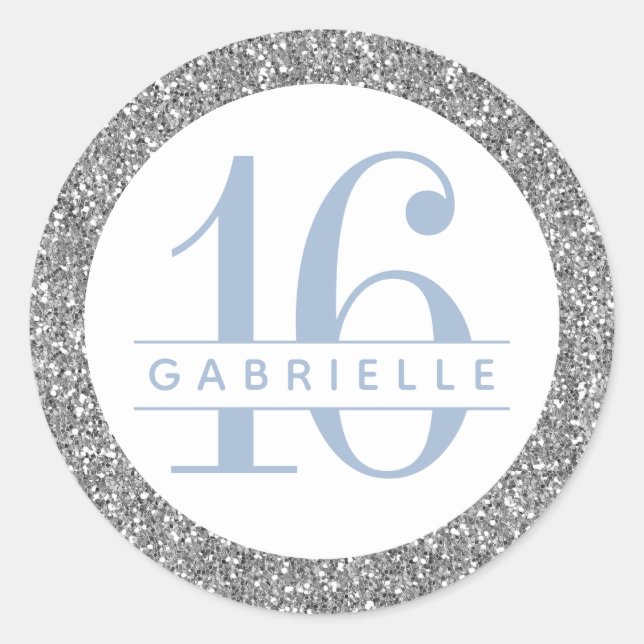 Dusty Blue and Silver Glitter Birthday Favour Classic Round Sticker (Front)